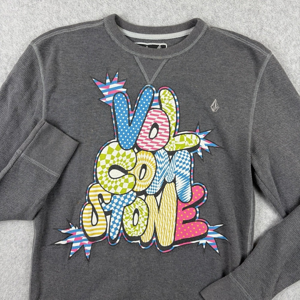 Volcom Shirt Mens Medium Gray Waffle Knit Thermal Long Sleeve Graphic Skater Y2K - Picture 2 of 8